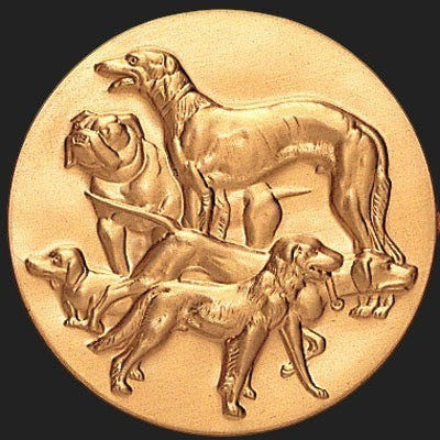Metal Stickems round gold-tone metal sticker featuring a raised relief design of various dog breeds.
