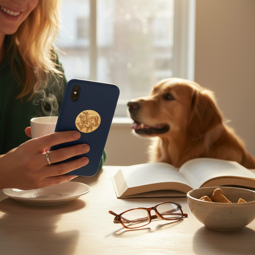 Metal Stickems gold-tone round dog breed metal emblem sticker applied to a blue smartphone case held by a woman.