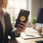 Metal Stickems gold eagle profile metal sticker applied to the back of a black smartphone held by a professional woman.