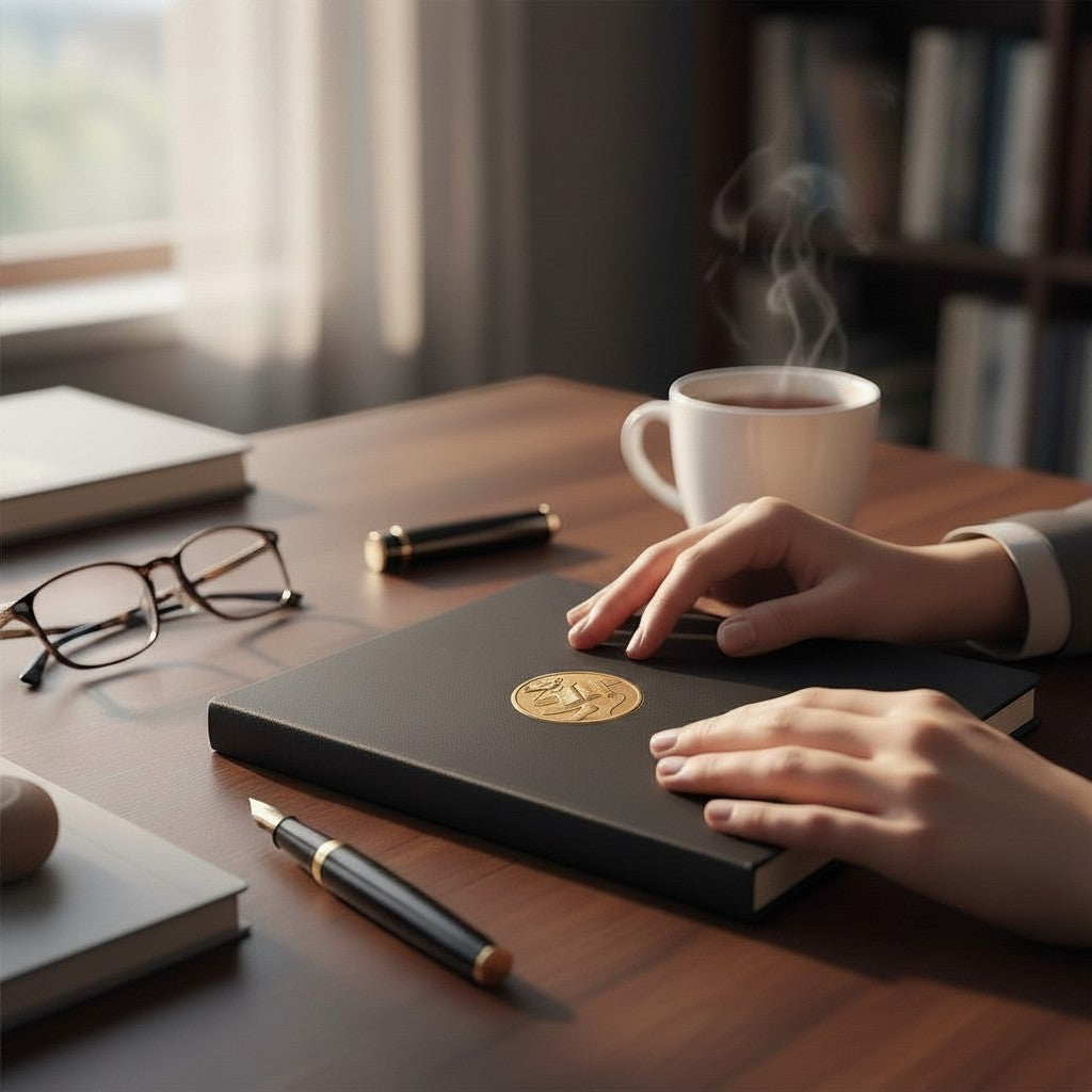 Metal Stickems gold embossed academic achievement medallion sticker applied to a black notebook on a desk.