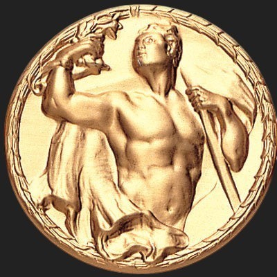 Metal Stickems 2-inch round gold embossed adhesive medallion featuring a classical figure in high relief.