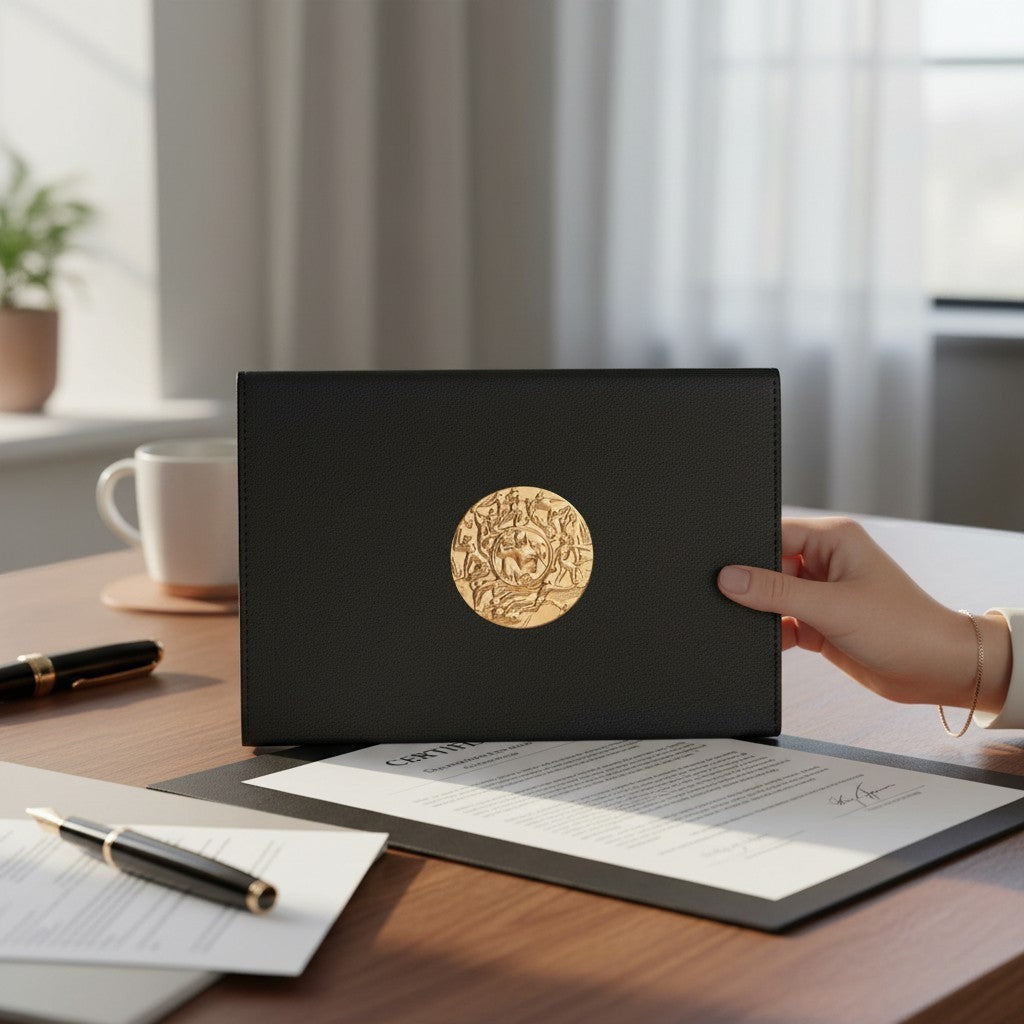 Metal Stickems gold-tone embossed sports medallion sticker applied to a black leather portfolio on a desk.