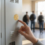 Metal Stickems gold field hockey metal sticker applied to a grey locker door with a hand pointing at the emblem.