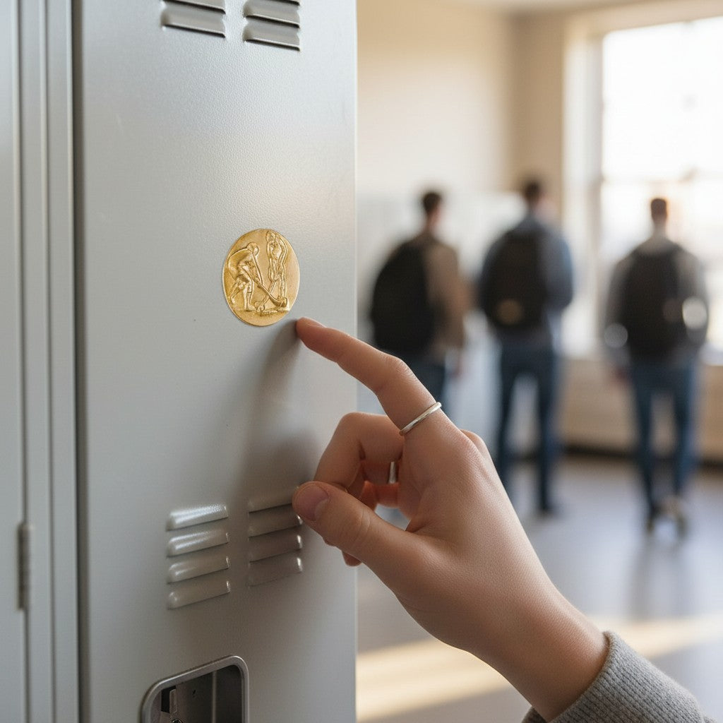 Metal Stickems gold field hockey metal sticker applied to a grey locker door with a hand pointing at the emblem.