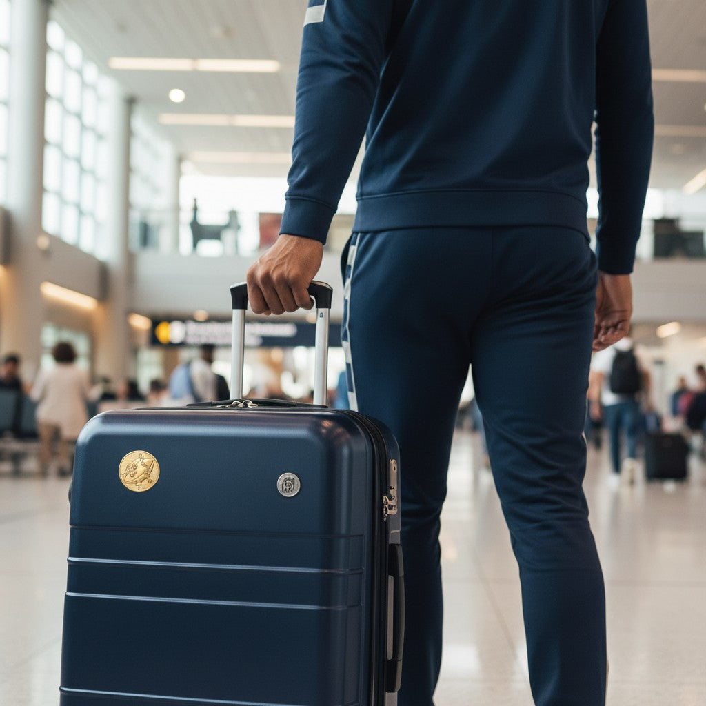 Metal Stickems gold football emblem applied to a navy blue suitcase held by a traveler in an airport terminal.