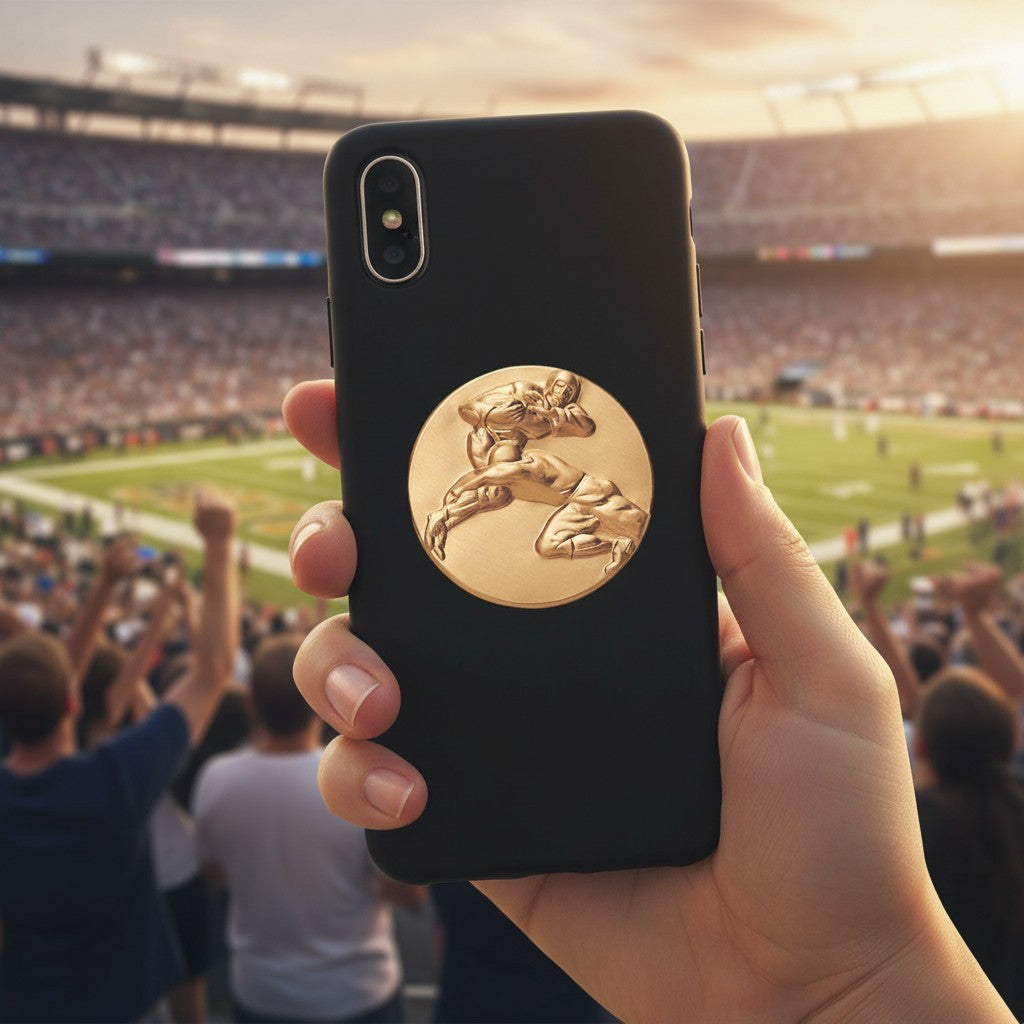 Metal Stickems gold embossed football player sticker applied to a black smartphone case in a stadium setting