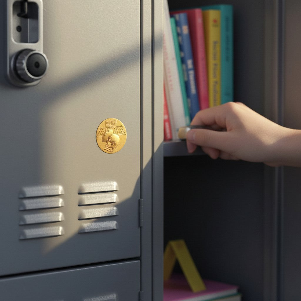 Metal Stickems gold-tone 1-inch football stadium emblem applied to a grey metal locker door.