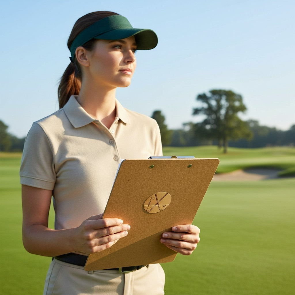 Metal Stickems gold golf emblem sticker featuring crossed clubs and ball on a clipboard held by a woman on a golf course