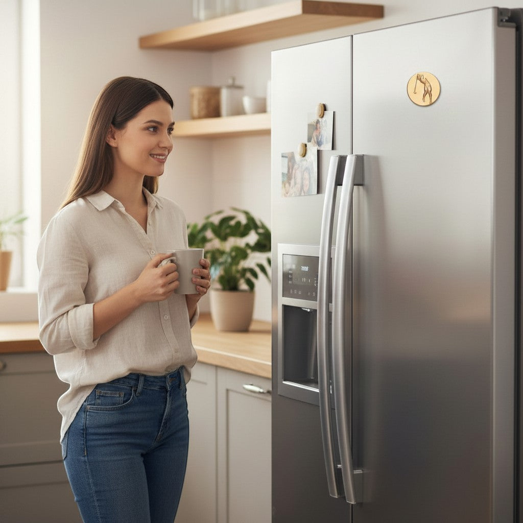 Metal Stickems 2-inch round gold golf player sticker applied to a stainless steel refrigerator in a modern kitchen.