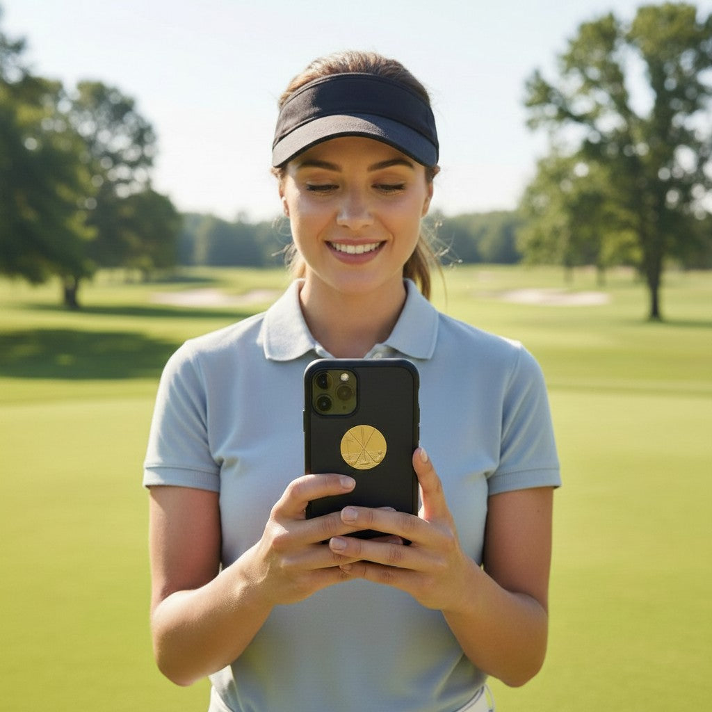 Metal Stickems gold golf emblem sticker applied to a smartphone held by a woman on a golf course.
