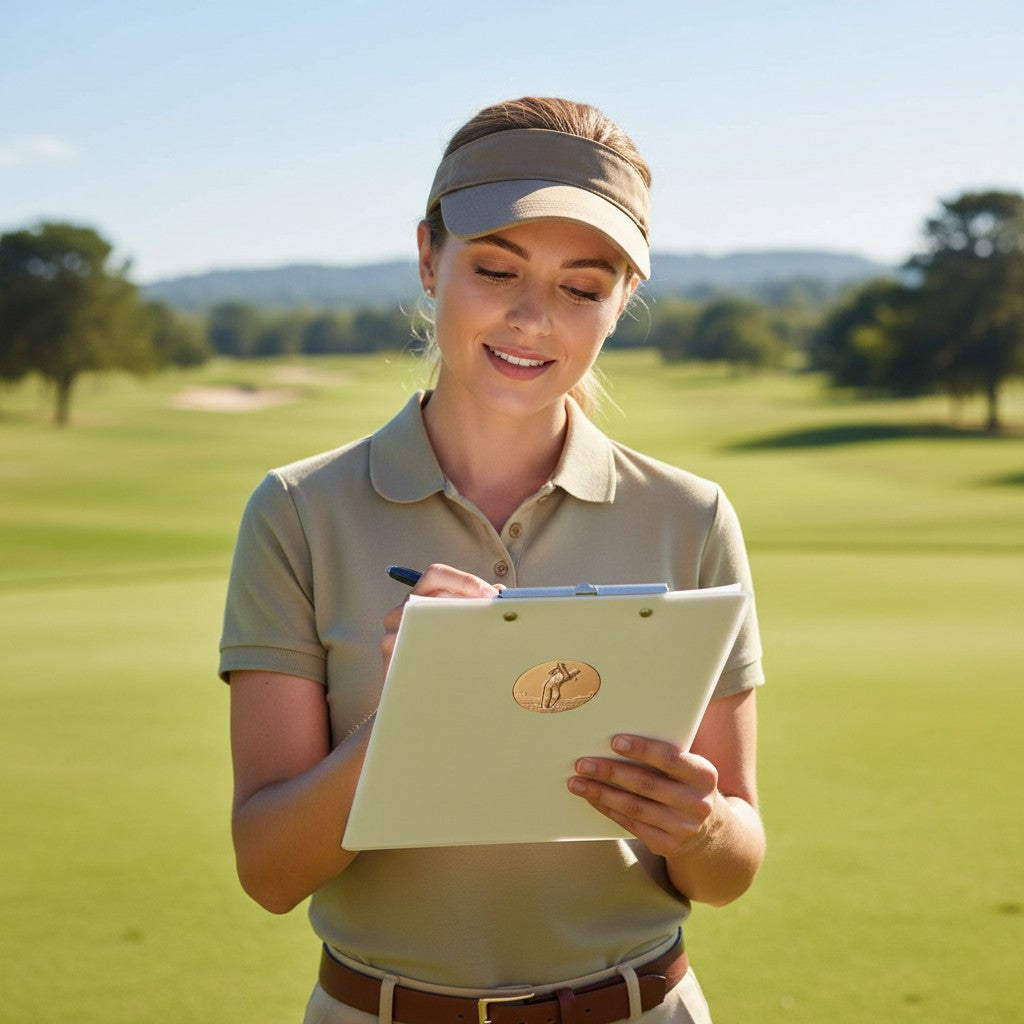 Metal Stickems golf player metal sticker in gold tone applied to a clipboard held by a woman on a golf course