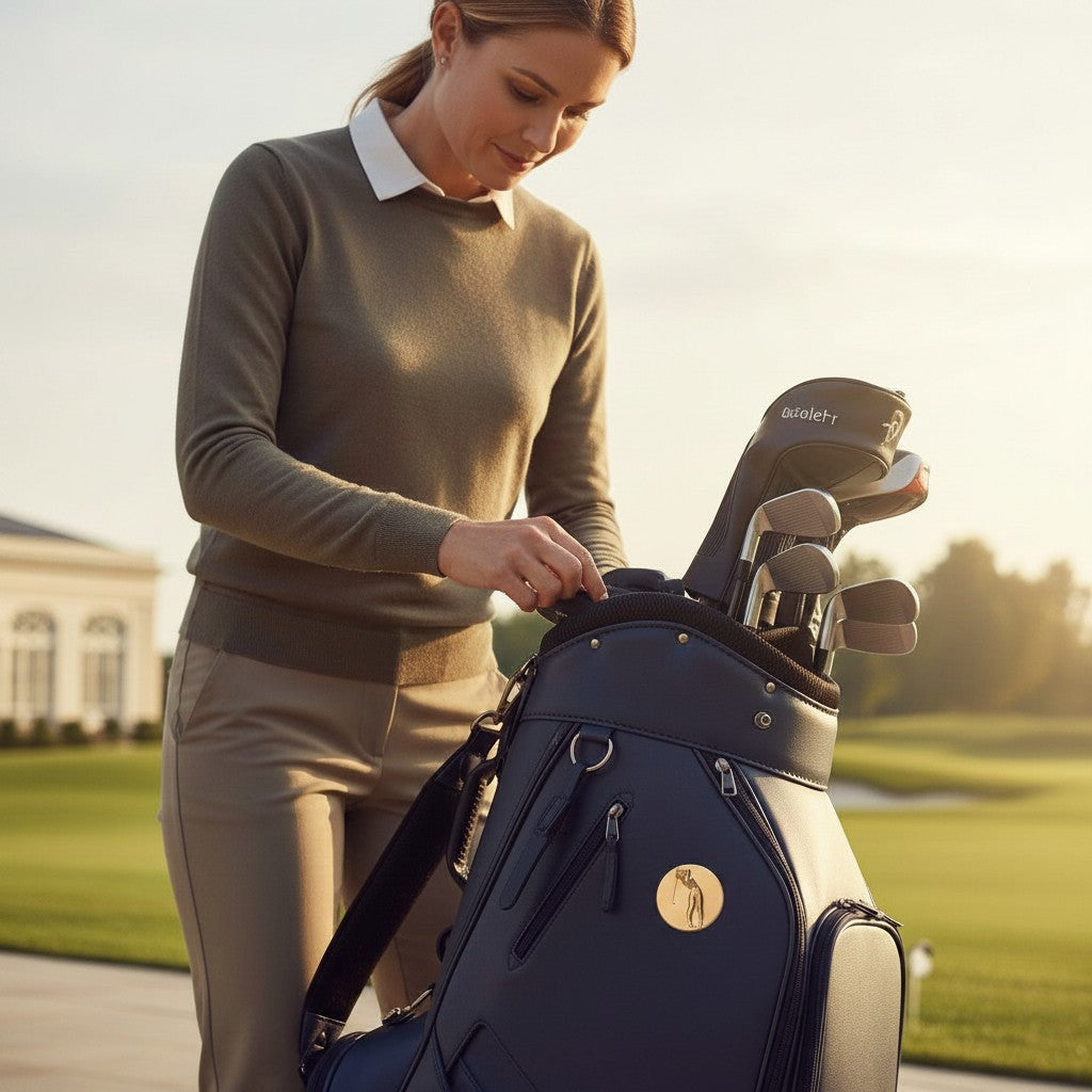 Metal Stickems gold embossed golfer emblem applied to a navy blue golf bag, with a woman golfer in the background.