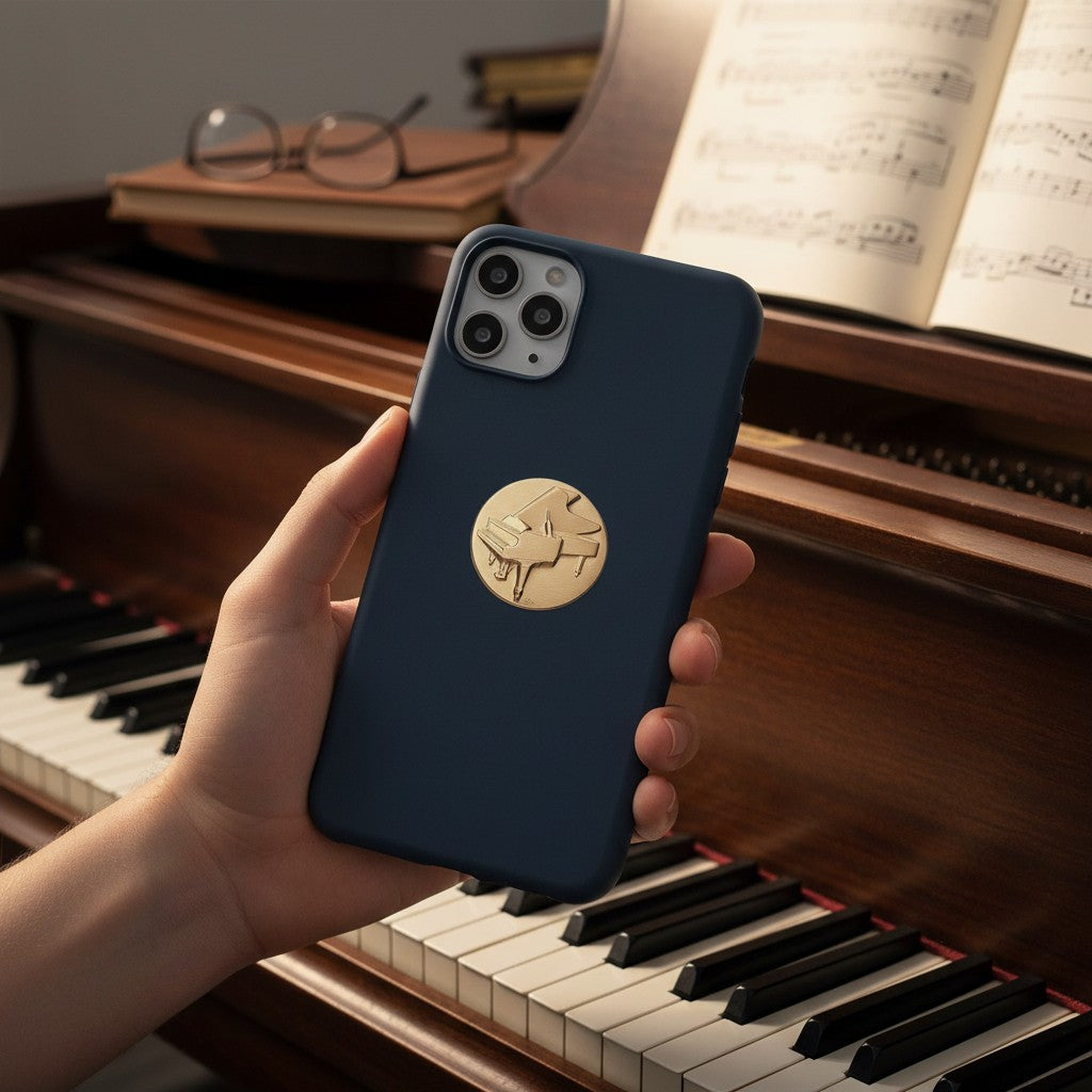 Metal Stickems 2-inch gold-tone embossed grand piano sticker applied to a navy blue smartphone case
