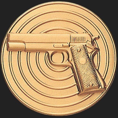 Metal Stickems 2-inch circular gold metal decal featuring a raised handgun design on a target-style background.