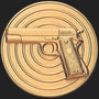 Metal Stickems 2-inch circular gold metal decal featuring a raised handgun design on a target-style background.