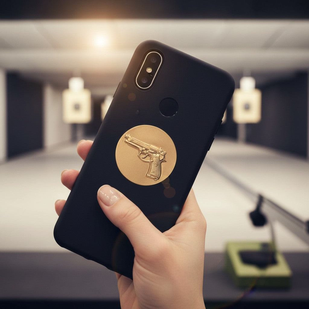 Metal Stickems 2-inch gold handgun metal sticker applied to a black smartphone case at a shooting range.