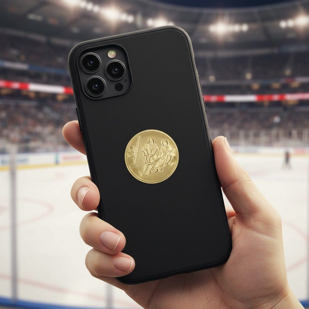 Metal Stickems gold-tone ice hockey emblem sticker applied to a black smartphone case in a hockey arena setting.