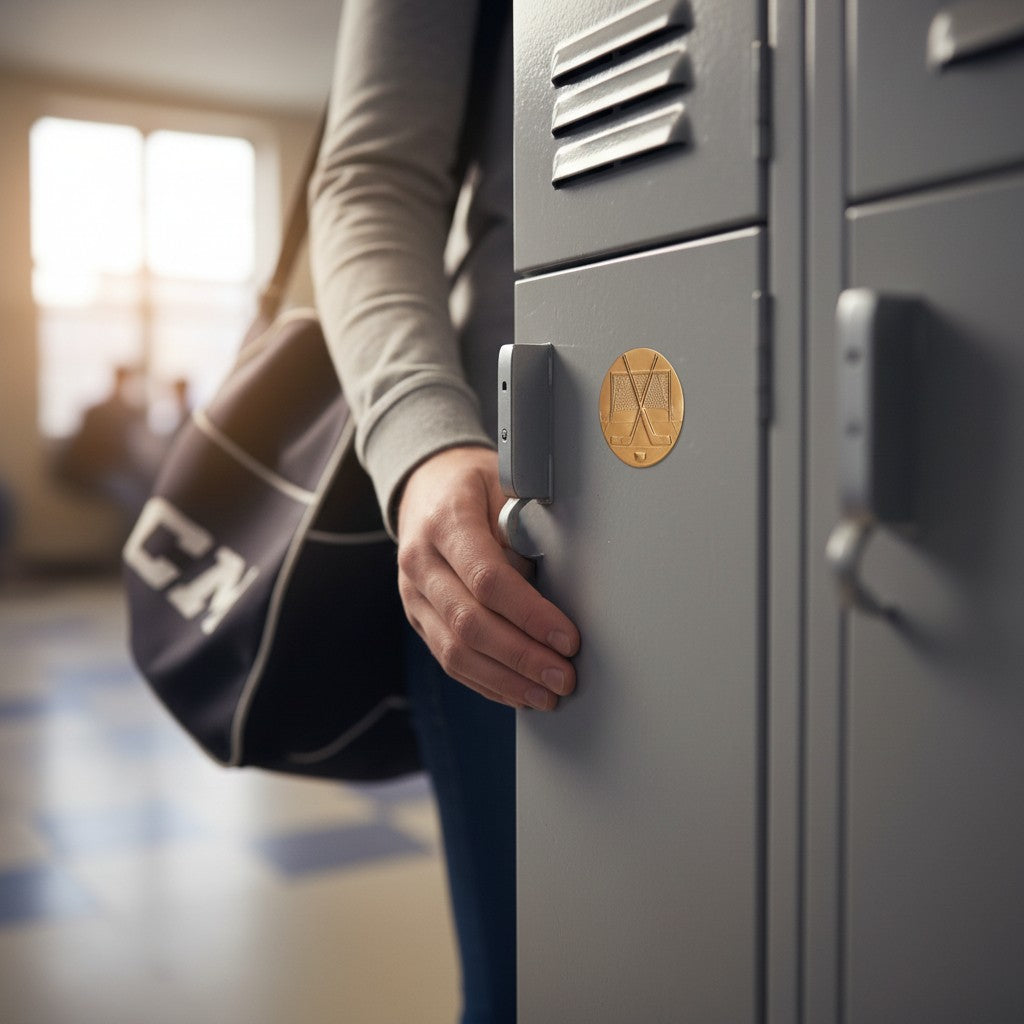 Metal Stickems gold hockey emblem sticker applied to a grey school locker door with a person holding a sports bag.