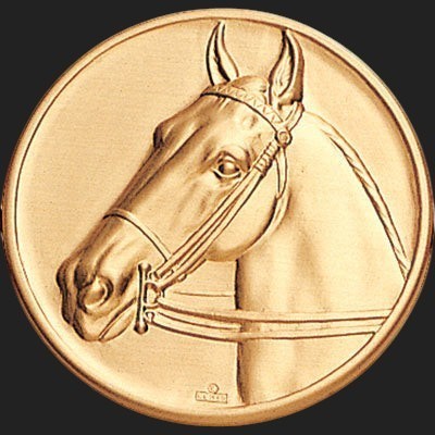 Metal Stickems 2-inch gold-tone adhesive sticker featuring an embossed horse head design for equestrian gear.