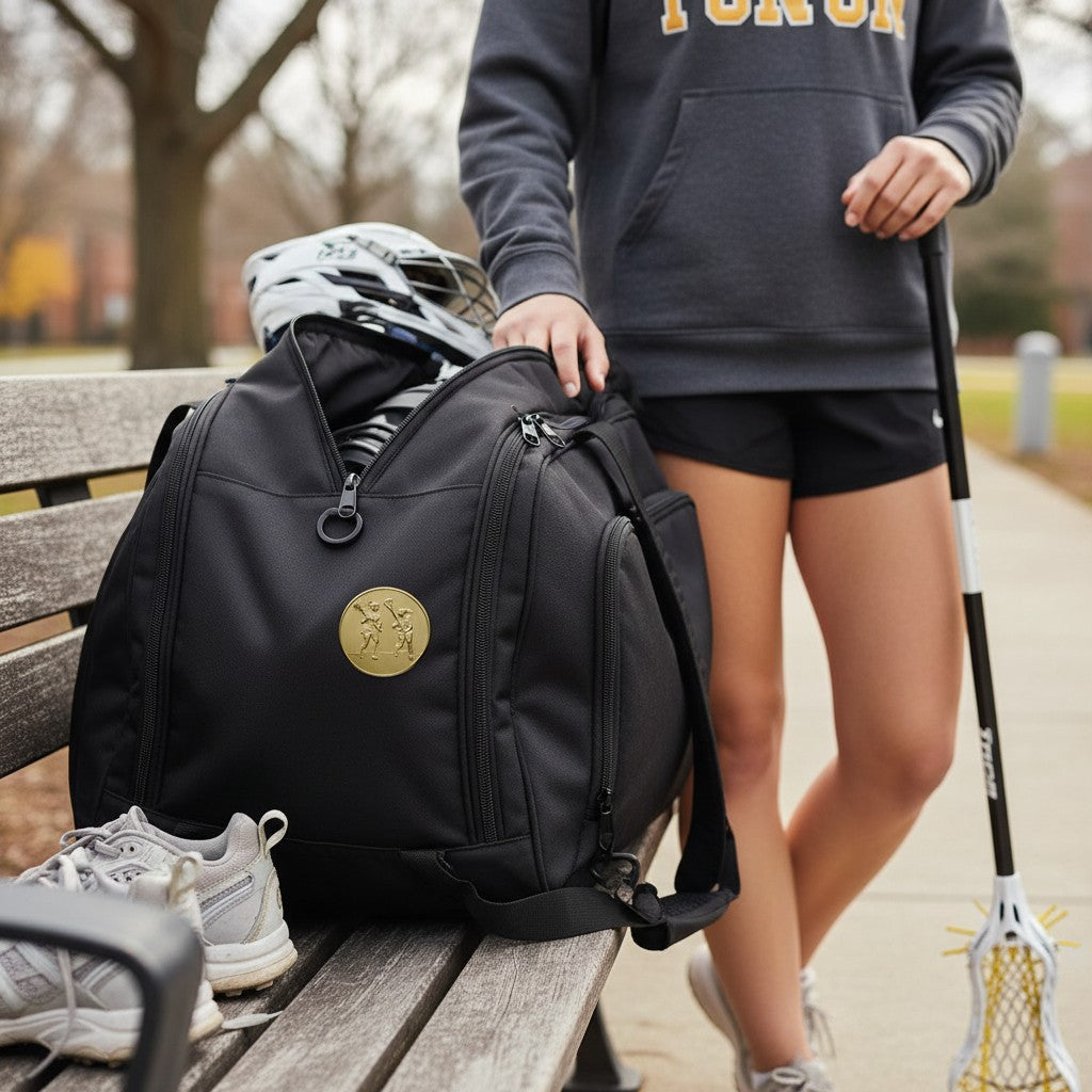 Metal Stickems gold lacrosse player adhesive emblem attached to a black sports bag held by a player on a bench