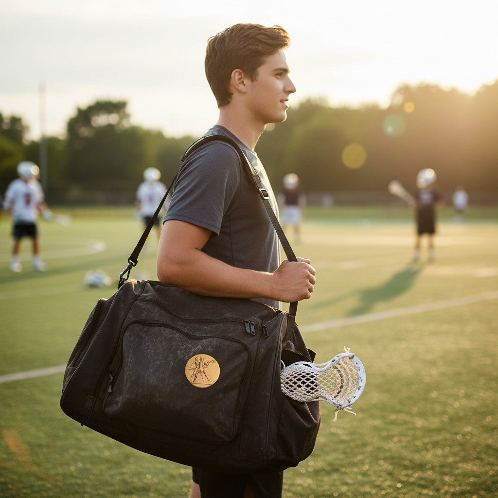 Metal Stickems gold lacrosse player sticker applied to a black sports duffel bag carried by a young athlete on a field.