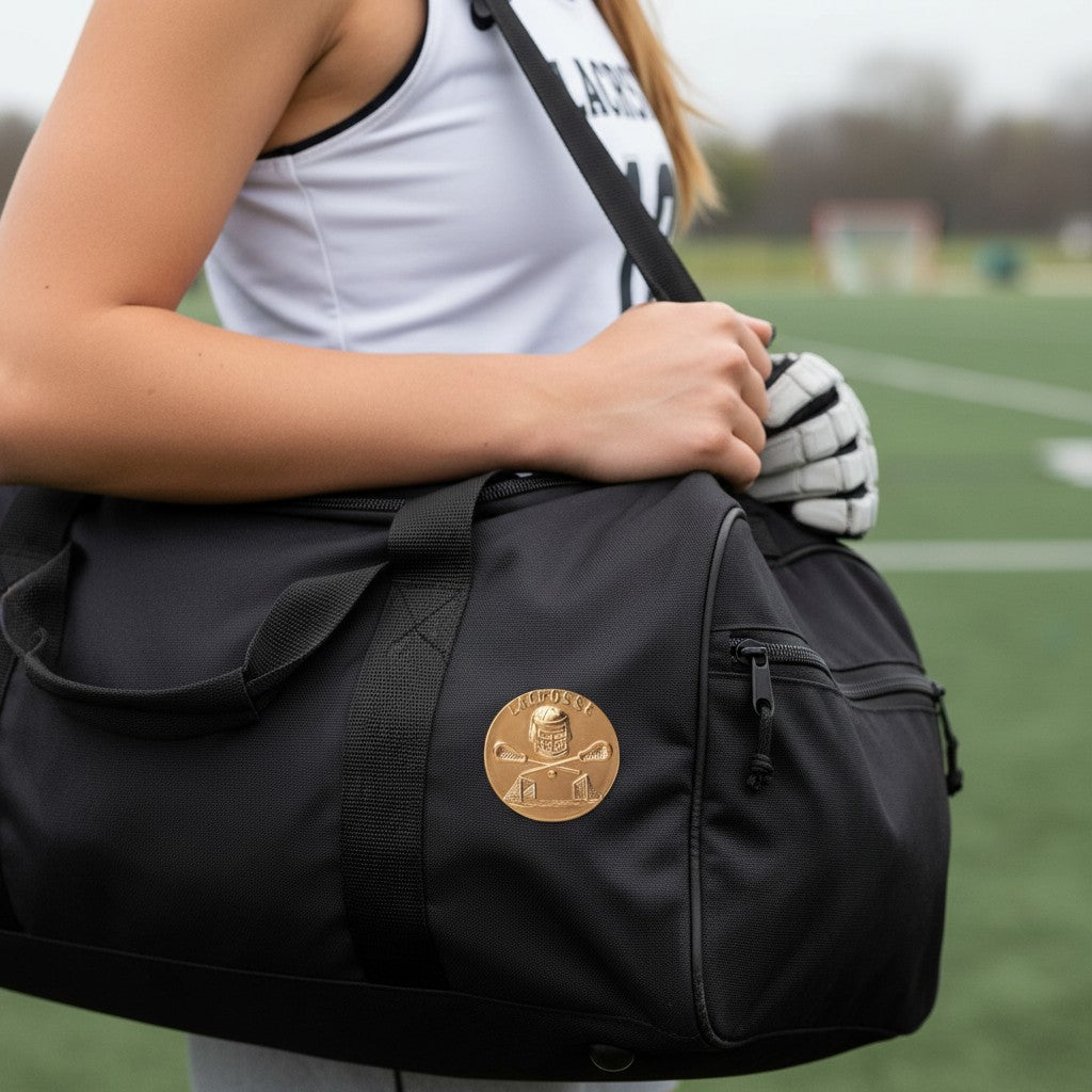 Metal Stickems 2-inch gold lacrosse sticker with embossed sticks and goal design on a black sports bag