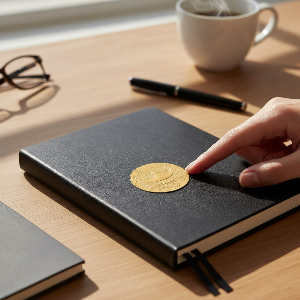 Metal Stickems gold metal lamp and book emblem sticker applied to a black notebook on a wooden desk.