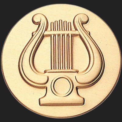 Metal Stickems 2-inch gold-tone embossed lyre musical instrument emblem sticker for personalizing gear.
