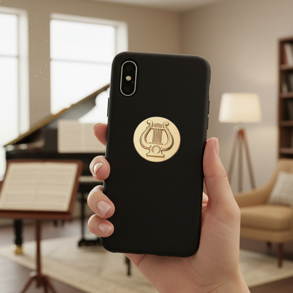 Metal Stickems gold lyre musical instrument emblem sticker applied to a black smartphone case in a music room.