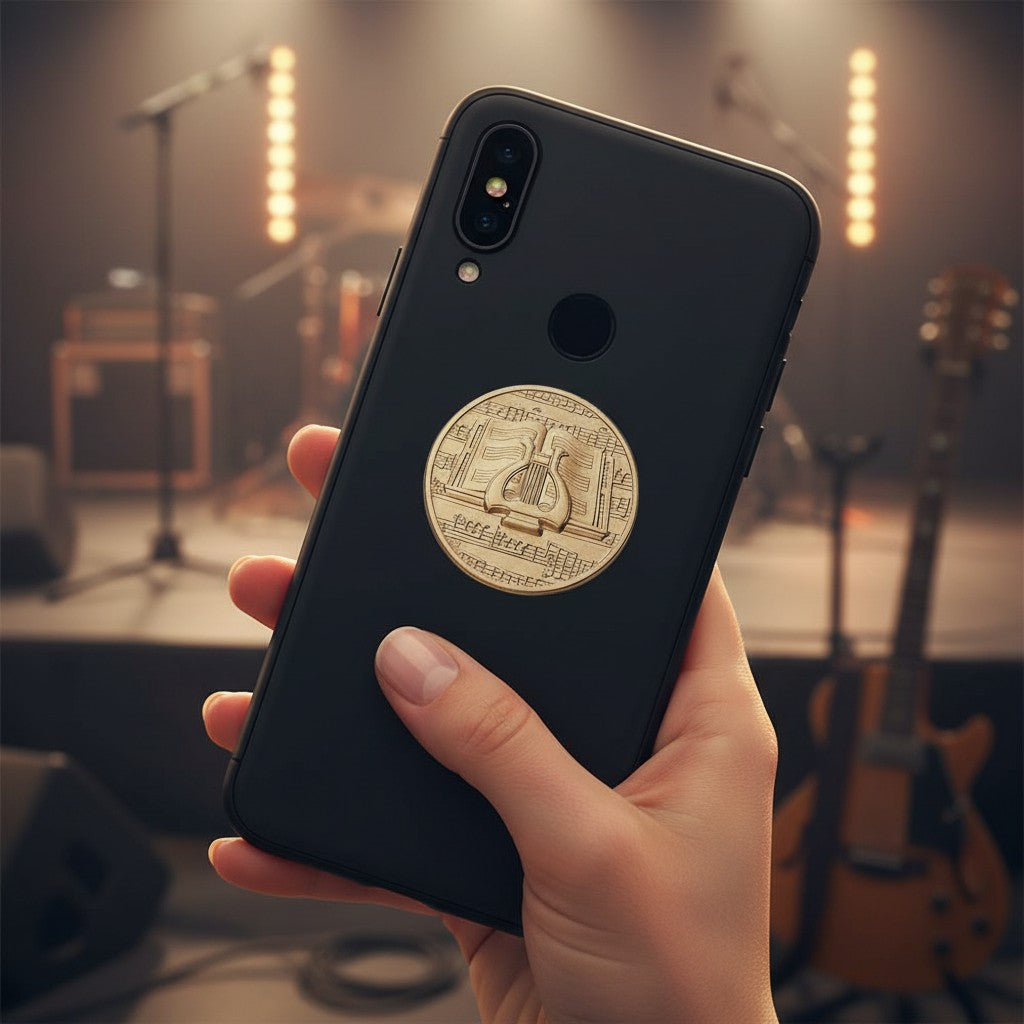 Metal Stickems gold musical lyre adhesive sticker on a black smartphone held in a hand with a stage background.