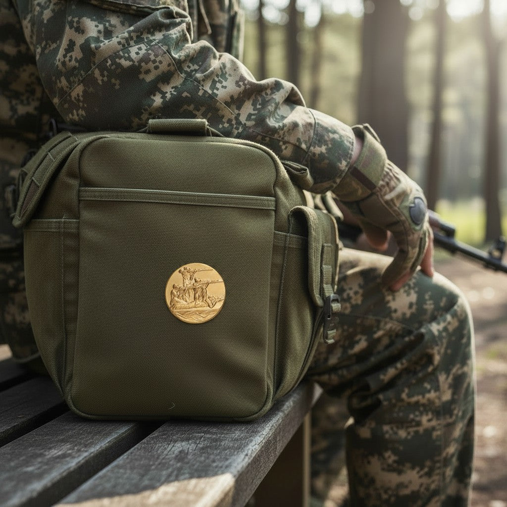 Metal Stickems gold rifle marksmanship round metal sticker applied to an olive green tactical gear bag