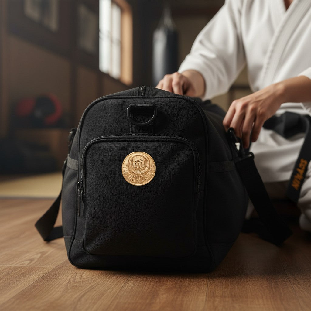 Metal Stickems gold martial arts emblem sticker applied to a black gym bag held by a martial artist in a gi.