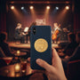 Metal Stickems gold classical music instrument sticker on a smartphone case in a concert hall setting.