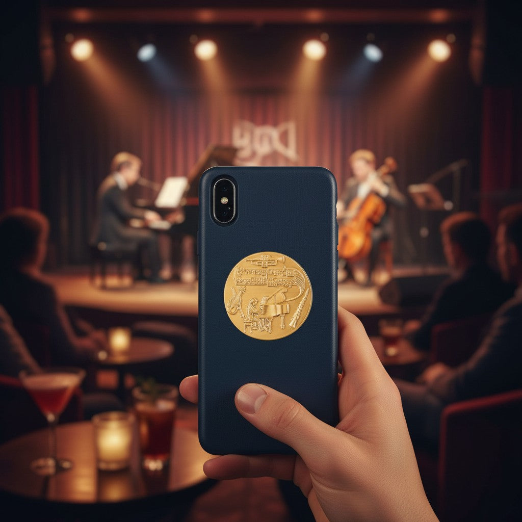 Metal Stickems gold classical music instrument sticker on a smartphone case in a concert hall setting.