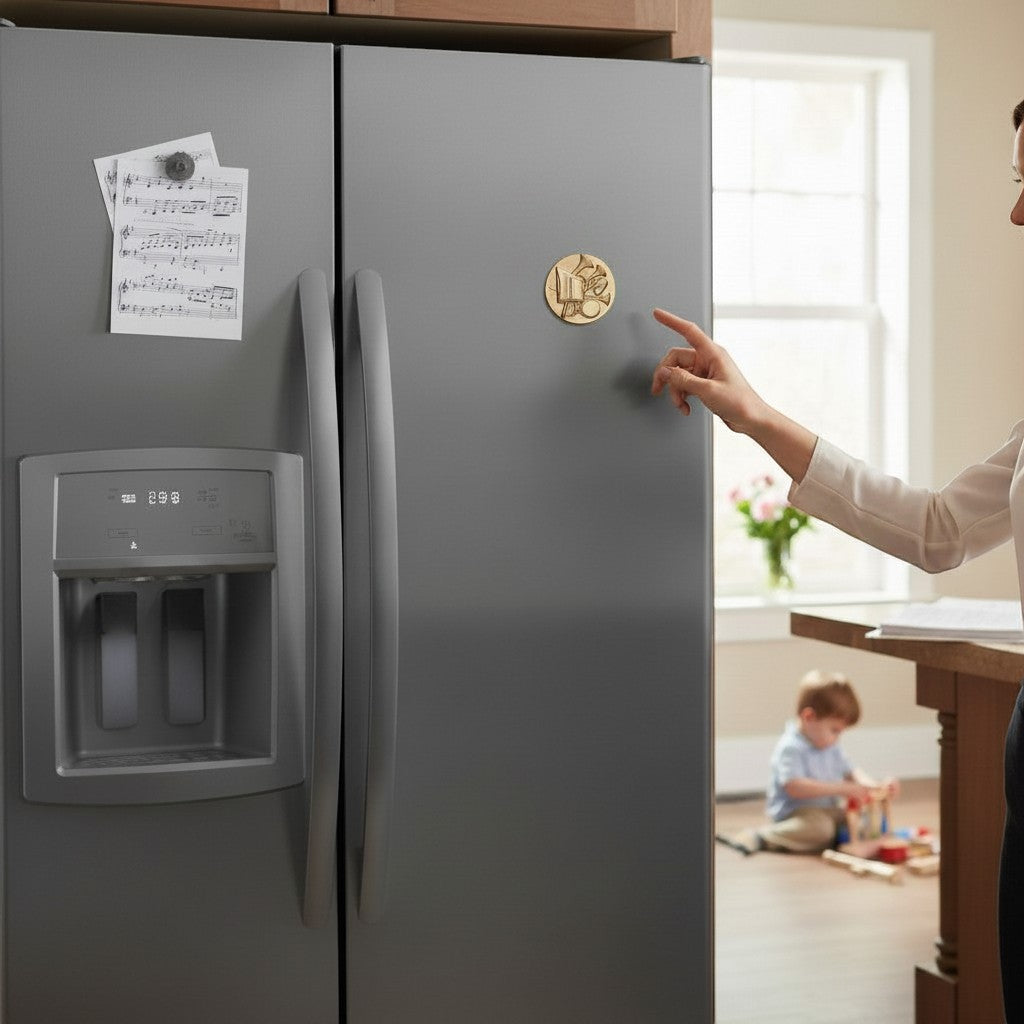 Metal Stickems gold-tone musical instrument emblem applied to a grey refrigerator door in a home kitchen setting.