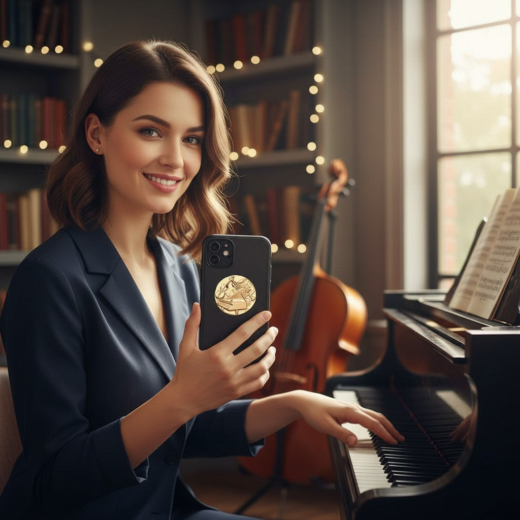 Metal Stickems gold-tone musical instrument emblem sticker applied to a smartphone held by a woman at a piano.