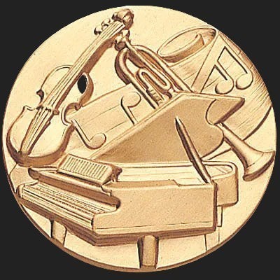 Metal Stickems 2-inch gold-tone adhesive emblem featuring a raised-relief design of a piano, violin, and trumpet.