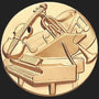 Metal Stickems 2-inch gold-tone adhesive emblem featuring a raised-relief design of a piano, violin, and trumpet.