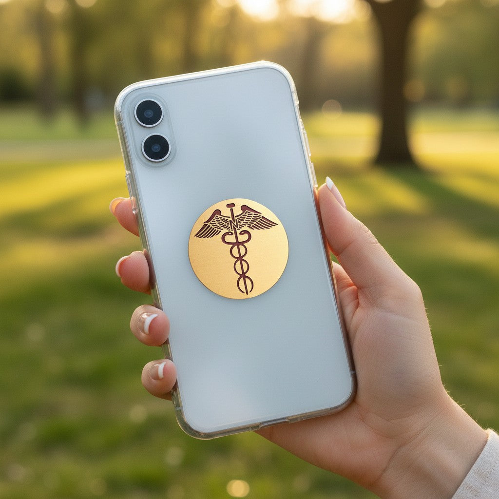 Metal Stickems gold nursing caduceus emblem sticker applied to the back of a white smartphone held in a hand.