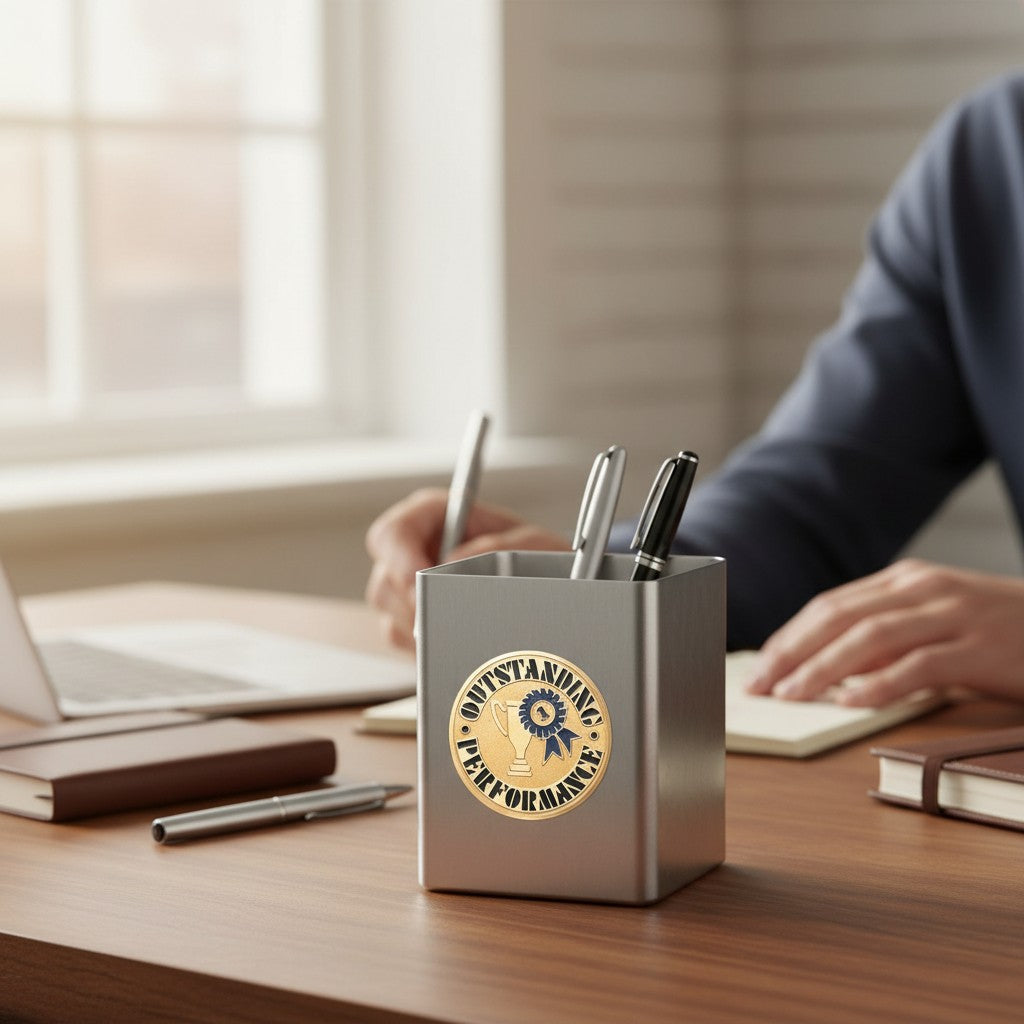 Metal Stickems 2-inch gold Outstanding Performance award sticker applied to a metal desk pen holder in an office.