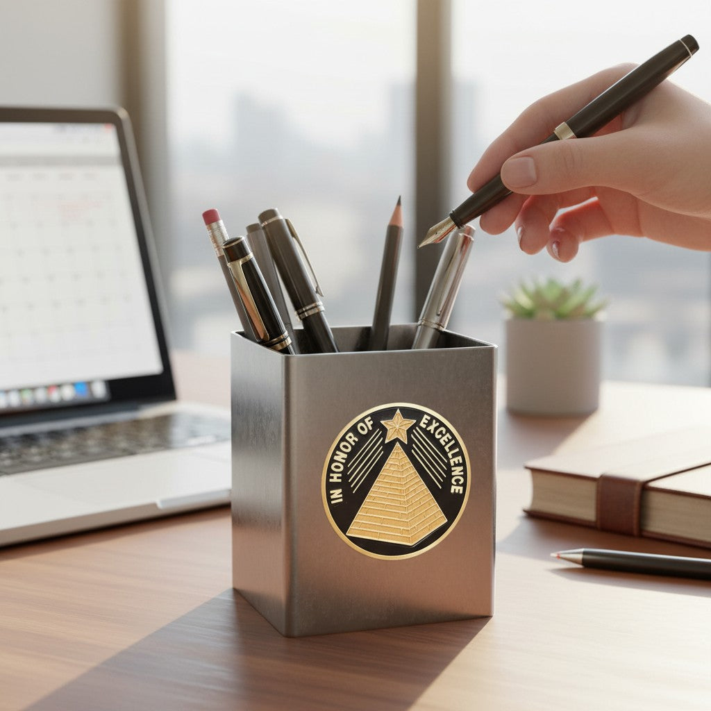 Metal Stickems 2-inch gold and black adhesive metal sticker with pyramid and star design on a desk pen holder.