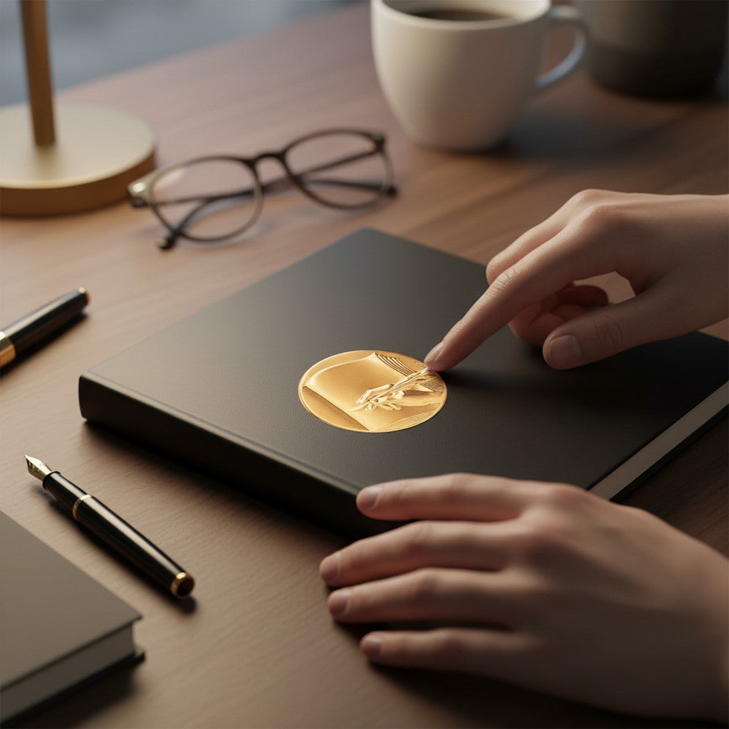 Metal Stickems gold metal sticker with quill design applied to a black journal on a desk with a fountain pen.