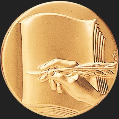 Metal Stickems 2-inch gold adhesive sticker featuring an embossed hand writing with a quill on paper.