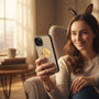 Metal Stickems 2-inch gold embossed rabbit metal sticker applied to a smartphone held by a woman wearing rabbit ears