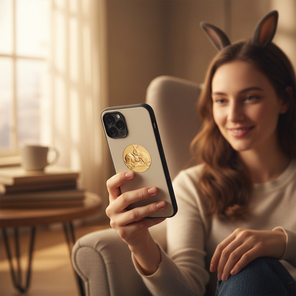 Metal Stickems 2-inch gold embossed rabbit metal sticker applied to a smartphone held by a woman wearing rabbit ears