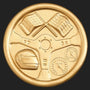 Metal Stickems 2-inch gold racing emblem with embossed steering wheel, helmet, checkered flags, and speed gauges.