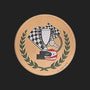 Metal Stickems 2-inch gold racing trophy emblem with checkered flag, steering wheel, helmet, and laurel wreath design.