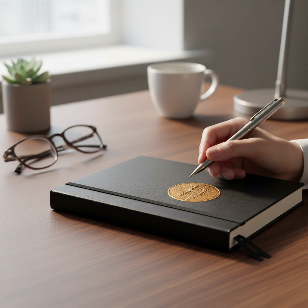 Metal Stickems 2-inch gold commemorative real estate closing coin sticker applied to a black notebook on a desk.