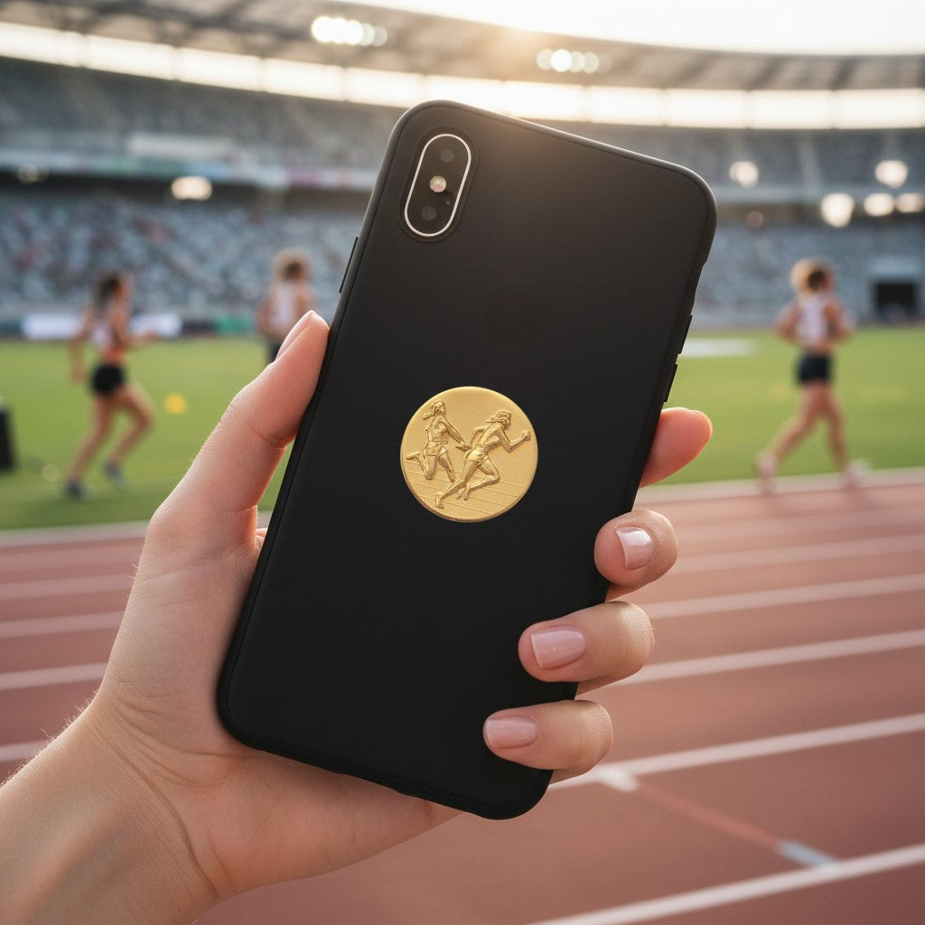Metal Stickems gold relay race athlete sticker applied to a black smartphone case on a track and field background
