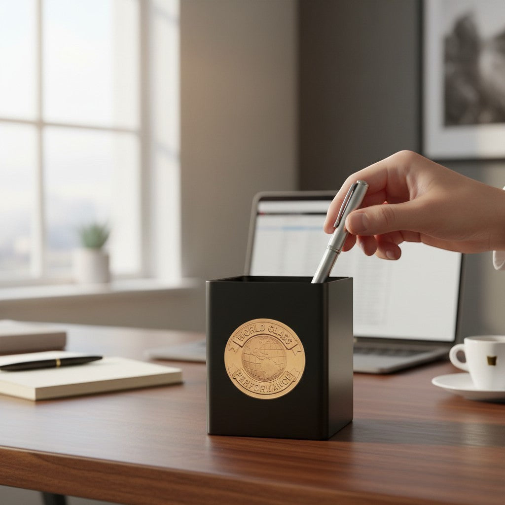 Metal Stickems 2-inch round gold metallic sticker with globe design applied to a black desk organizer in an office.